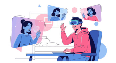 Virtual reality meeting concept showcasing a man using VR glasses chatting with friends online