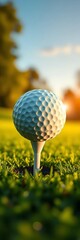 Golf ball poised at cup edge, green, blurred course, warm sun,  moment,  ball