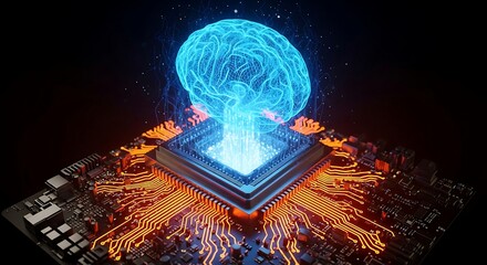 Digital Brain on Futuristic Computer Chip Represents Artificial Intelligence.