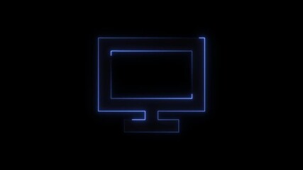 neon blue computer monitor icon on dark background