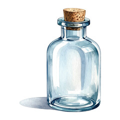 Empty Clear Glass Bottle With Cork Stopper On White watercolor vector illutrastion transparent background