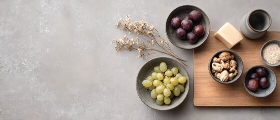 Rustic food background panorama with grape, plum, nut, cheese, seed on wooden board and ceramic bowl creating calm minimal composition with copy space for recipe or menu design