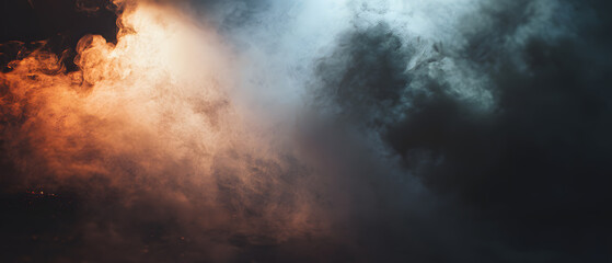 Moody smoke cloud dark fog orange light blue light dramatic background abstract texture misty atmosphere vapor swirl mysterious scene studio lighting Moody smoke cloud dark fog with orange light