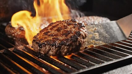 Delicious Juicy Burger Patties Grilling on a Hot Outdoor Barbecue Grill with Flames and Smoke