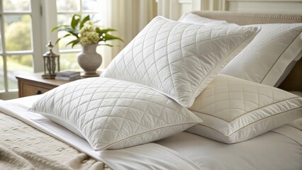 Close-up of plush pillows and white linen sheets, soft natural light, interior design
