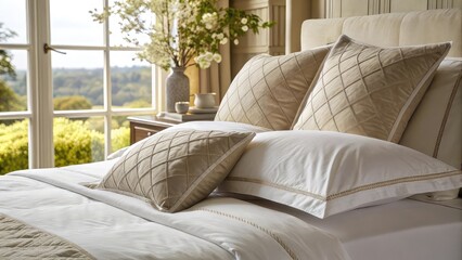 bed with pillows, Close-up of plush pillows and white linen sheets, soft natural light, interior design