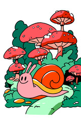 Whimsical Cartoon Snail Amidst Vibrant Mushrooms