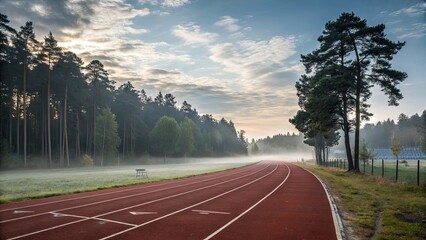 sunset in the mountains, Empty running track with trees, early morning fitness mood