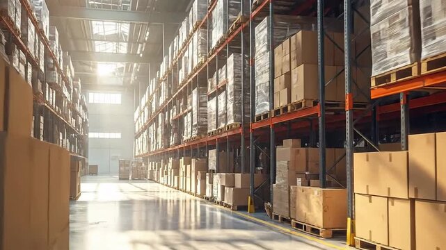 Interior of a large warehouse with cardboard boxes stacked on shelves.