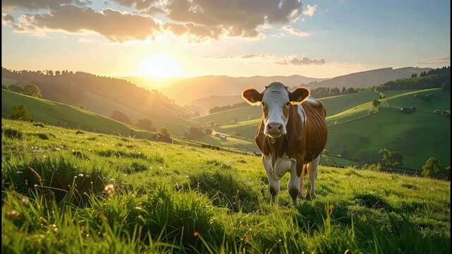 Vaca en pradera verde al amanecer con movimiento natural y brisa suave, paisaje rural tranquilo