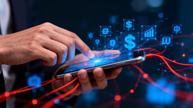 Person using smartphone with financial icons - Powered by Adobe