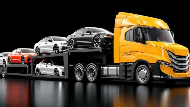 Truck transports new cars on a trailer during sunset at a loading dock