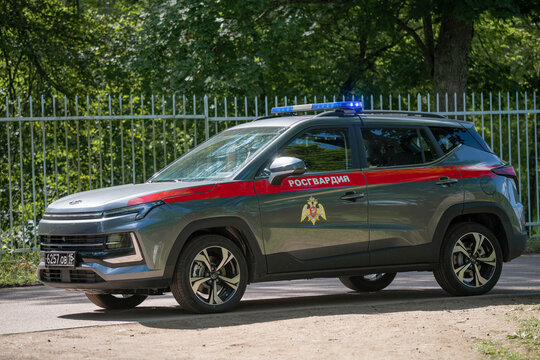 PUSHKIN, RUSSIA - AUGUST 04, 2025: A patrol car "Moskvich 3" of the Russian National Guard on a sunny summer day