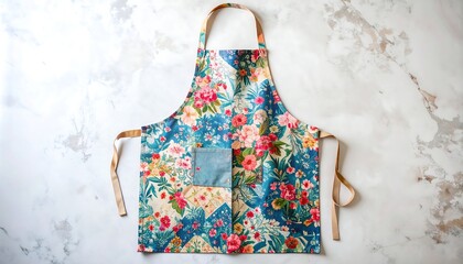 Floral print apron, beige straps, light gray background