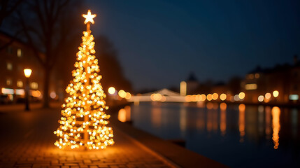 Glowing Christmas Tree By Water At Night decorated