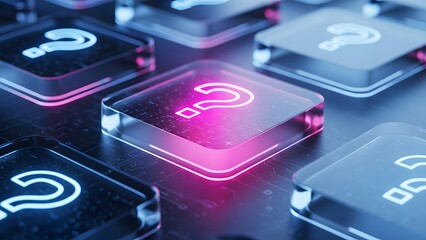 Glowing 3D Question Mark Icons on Transparent Glass Tiles for AI Knowledge and FAQ Concepts
