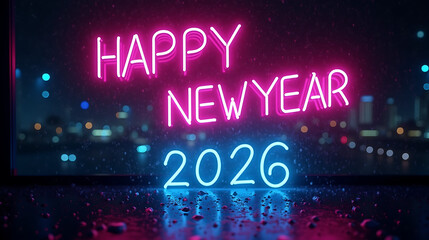 Neon Sign Happy New Year 2026 in Pink and Blue Against City Lights