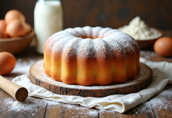 Cake surrounded by baking ingredients, flour, eggs, milk, rustic composition
