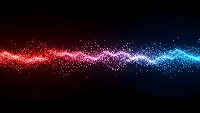 Red and Blue Particle Wave Spectrum on Black Background for Sound and Energy Visualization - Powered by Adobe