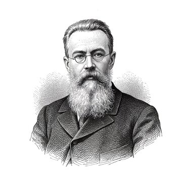 Black and white vintage engraving, closeup headshot portrait of Nikolai Andreyevich Rimsky-Korsakov, the famous historical Russian classical music composer (of "The Five"), white background, greyscale