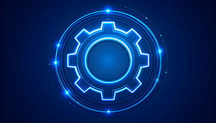 Glowing Neon Gear Icon on a Dark Blue Futuristic Background, Representing Technology and Industry