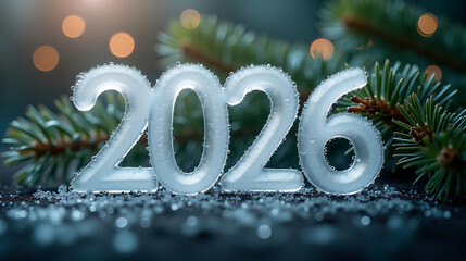 Transparent Ice Numbers 2026 with Snow and Pine Needles