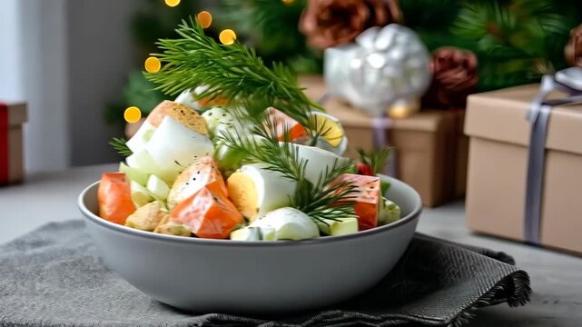 Holiday food preparation with a salad and gift boxes on a festive table setting