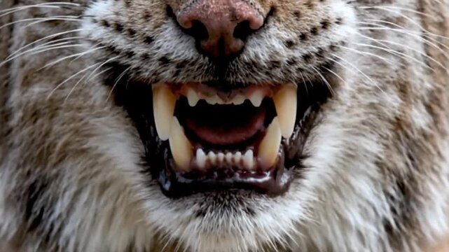 Close-up of a wild cat's snarling mouth revealing sharp fangs and teeth