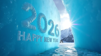 2026 Happy New Year carved into ice wall in arctic landscape