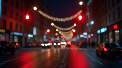 Blurred city street at night with red traffic lights and festive lights