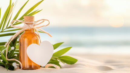 Message bottle glass bottle heart label beach sand tropical leaf ocean summer romantic golden light copy space