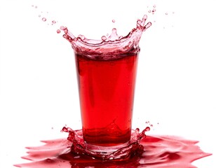 A glass of red liquid with a splash effect on a white background