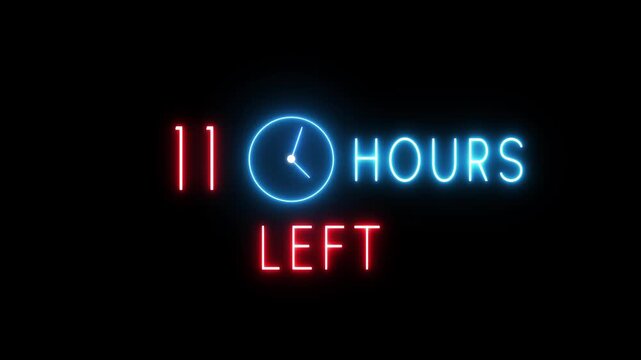 Neon countdown clock animation. Neon 11 Hours timer clock. Neon countdown text timer number.