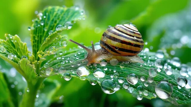 A snail moving across dewy leaf, tiny water droplets magnifying veins into intricate stained-glass patterns
