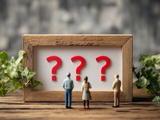 複数の疑問符を前に立ち止まる人形たちが選択や判断に迷う状況を象徴的に表現したイメージ写真