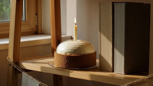 Cozy dessert setup with cake and candle on wooden table