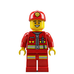 Obraz premium Lego Firefighter Minifigure in Red Uniform Isolated on White Background