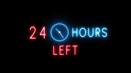 Neon countdown clock animation. Neon 24 Hours timer clock. Neon countdown text timer number.
