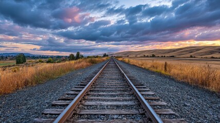 Fototapeta premium Scenic Railroad Tracks Stretching into the Horizon Under a Dramatic Sky at Sunset