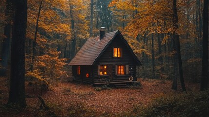 Spooky log cabin with glowing windows in a misty, dark autumn forest setting