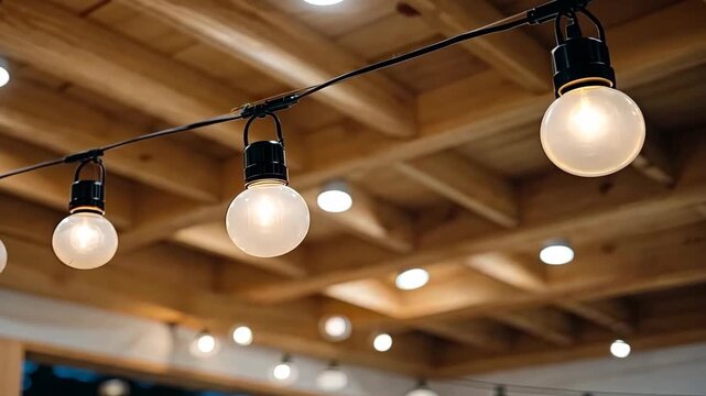 Lights shine brightly in a wooden setting with multiple bulbs hanging from the ceiling in a cozy indoor location