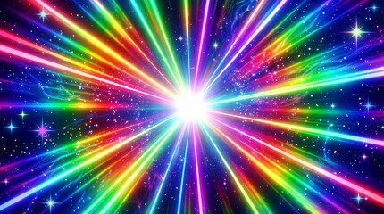Vibrant Rainbow Radial Light Beams Explosion. Abstract Warp Speed Tunnel or Hyperspace Effect with Glittering Cosmic Particles Background.