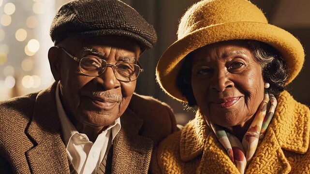 Smiling senior couple wearing hats elderly fashion style warmth love and joyful lifestyle concept