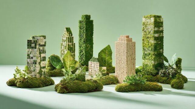 Eco-Friendly Cityscape: Miniature Buildings Covered in Moss and Greenery Showcasing Sustainable Urban Development - Powered by Adobe