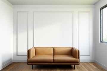 sofa and decor in Living room, empty white panelling wall background, classical design, wooden floor. Mock up, 3D rendering.