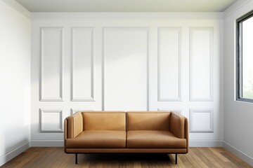 sofa and decor in Living room, empty white panelling wall background, classical design, wooden floor. Mock up, 3D rendering.