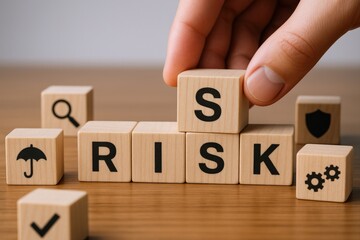 Naklejka premium Hand Completing Risk Word with Wooden Blocks Depicting Business Protection and Strategy Elements