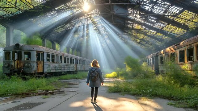 Wanderer discovering abandoned train overgrown with vines, sunlight piercing broken roof creating cathedral-like light beams
