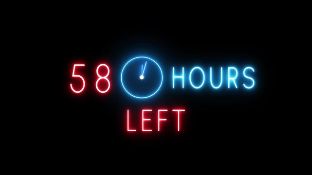 Neon countdown clock animation. Neon 58 Hours timer clock. Neon countdown text timer number.