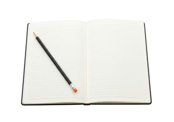 Open notebook with pencil isolated on transparent background